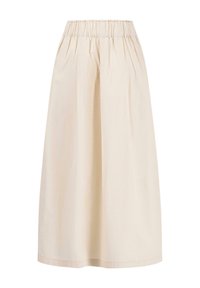 Cream, knee-length skirt made of cotton. Features an elastic waistband and soft pleats for added volume and flow. No visible patterns.