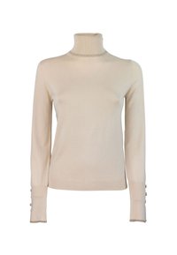 Maglione a collo alto beige in morbido tessuto, con maniche lunghe e dettagli con bottoni ai polsini e un sottile bordo a costine sul collo.