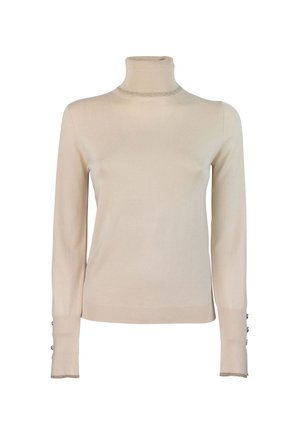Maglione a collo alto beige in morbido tessuto, con maniche lunghe e dettagli con bottoni ai polsini e un sottile bordo a costine sul collo.