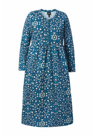 Blaues langärmeliges Kleid mit geometrischem Muster in Blautönen und cremefarben, runder Ausschnitt und zentralem Reißverschluss.