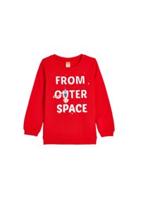 Czerwony bawełniany sweatshirt z białym napisem "Z ZEWNĘTRZNEJ PRZESTRZENI", grafiką rakiety i gwiazdami. Długie rękawy i okrągły dekolt.