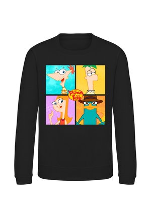 Sort sweatshirt med farverige firkantede paneler med tegneseriefigurerne Phineas, Ferb, Candace og Perry næbdyr og logoet Phineas og Ferb.