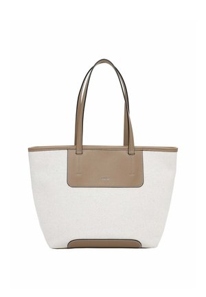 Beežidest ja valgetest lõuendist suur käekott kahe pika beežist nahast sangaga, esiküljel nahkdetail ja väike hõbedane brändi logo.