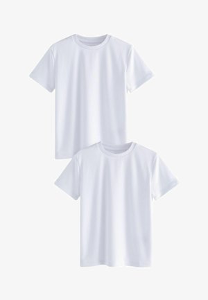 Weiße Baumwoll-T-Shirts, kurze Ärmel, runder Ausschnitt, glatte Textur, mit einem schlichten Design. Zwei T-Shirts dargestellt, eines über dem anderen.