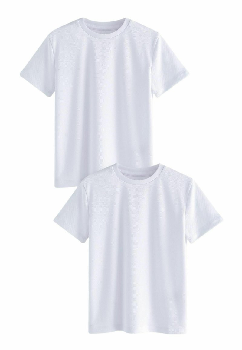 T-shirts en coton blanc, à manches courtes, col rond, texture lisse, avec un design simple. Deux chemises exposées, l'une sur l'autre.