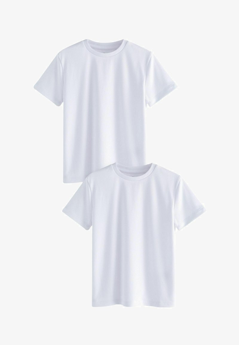 Witte katoenen T-shirts, korte mouwen, ronde halslijn, gladde textuur, met een eenvoudig ontwerp. Twee shirts weergegeven, één boven op de ander.