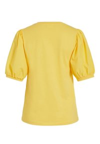Żółta bluzka z krótkim rękawem i bufkami, wykonana z miękkiego bawełnianego materiału, okrągły dekolt i gładka faktura. Widok z tyłu pokazuje prosty design.