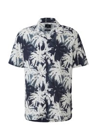 Korte mouwen shirt van een katoenmix met een navy en witte palmbladpatroon, knoopsluiting aan de voorkant en een ontspannen pasvorm.