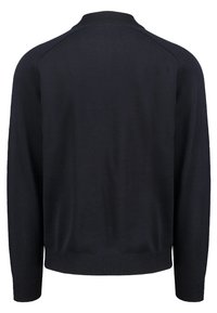 Maglione lavorato a maglia blu scuro con scollatura rotonda, maniche lunghe e bordo a costine sui polsini e sull'orlo. Tessuto morbido, design semplice.