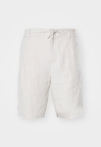 Pantaloni corti in lino di colore beige chiaro, con vita regolabile, due tasche laterali e una vestibilità comoda, ideali per un look informale.