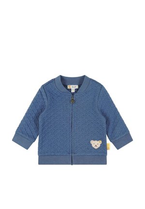 Gepolsterter blauer Sweatshirt mit Rundhalsausschnitt, langen Ärmeln und Reißverschluss. Verfügt über ein Teddy-Bären-Patch und gerippte Bündchen.