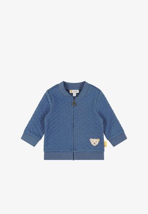 Felpa blu trapuntata con collo rotondo, maniche lunghe e chiusura con zip. Presenta una patch a forma di orsetto e polsini a costine.
