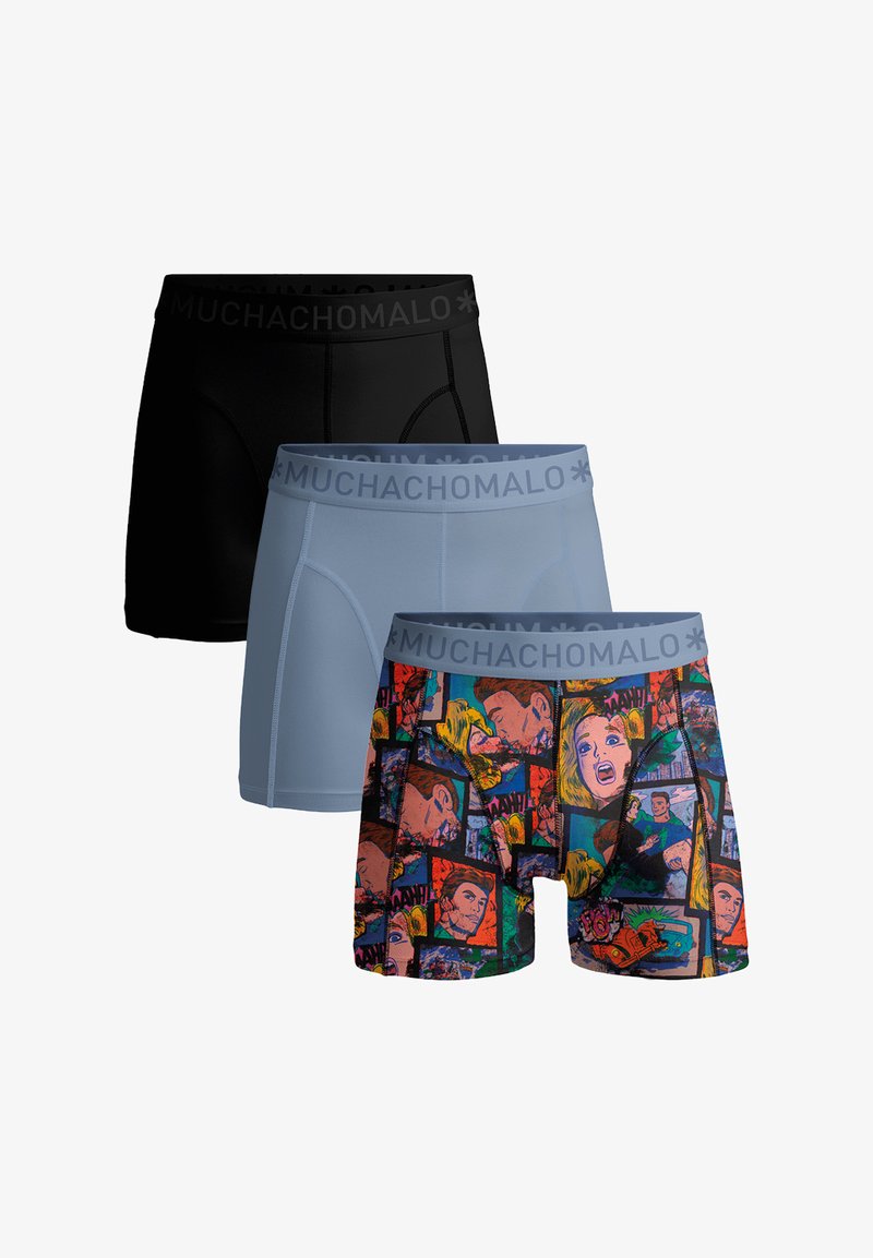 Men's boxer briefs set featuring three colors: black, light blue, and a multicolor comic print, with a soft waistband labeled "MUCHACHOMALO."