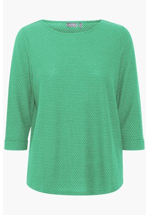 Top verde de mangas largas con cuello redondeado, patrón texturizado y puños enrollados, hecho de una suave tela ligera.