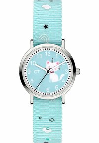 Montre analogique avec un boîtier en argent, un cadran bleu clair, un graphique de chat et un bracelet en tissu doux à motif avec des nuages et des arcs-en-ciel.