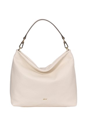 Cream leather shoulder bag with a slouchy design, a curved top, a metallic handle, and a small logo on the front.