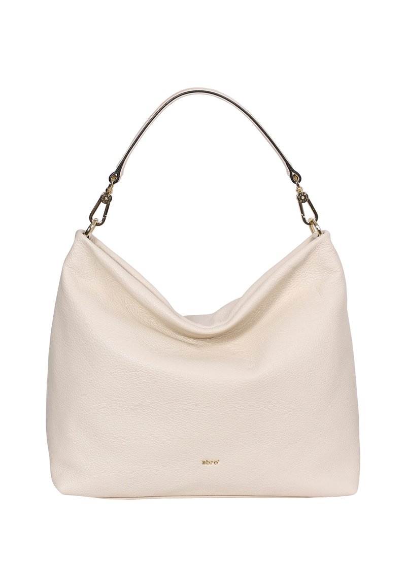 Cream leather shoulder bag with a slouchy design, a curved top, a metallic handle, and a small logo on the front.