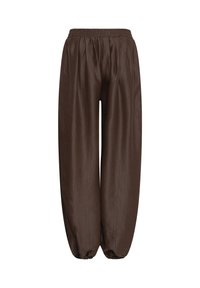 Pantalon marron coupe ample avec taille élastique et poignets élastiqués froncés, réalisé dans un tissu texturé et léger.