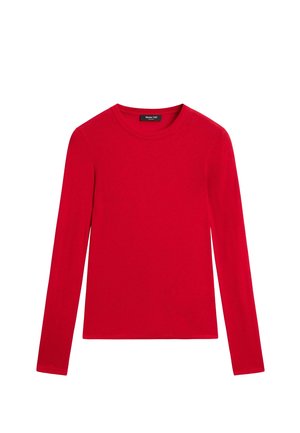 Czerwony longsleeve z okrągłym dekoltem, wykonany z miękkiej bawełny. Posiada prosty design, bez widocznych wzorów czy faktur.