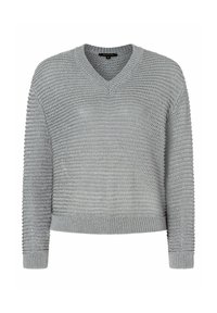 Grauer Strickpullover mit V-Ausschnitt, langen Ärmeln und strukturierter Oberfläche. Mit gerippten Bündchen und Saum für eine figurschmeichelnde Silhouette.