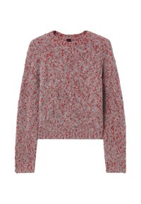 Grey long-sleeve sweater with a fuzzy texture and red speckled pattern, featuring a round neckline and a slightly cropped fit.