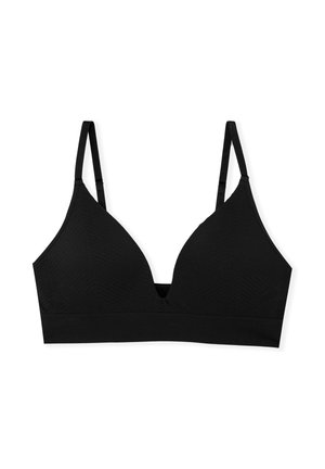 Schwarzer drahtloser BH mit dreieckiger Form, strukturiertem Stoff mit diagonalen Streifen, verstellbaren Trägern und breitem Unterbrustband.