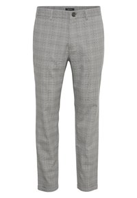 Grå rutiga byxor som är gjorda av tyg med en fin textur. Har en knappstängning och en smal, skräddarsydd passform.