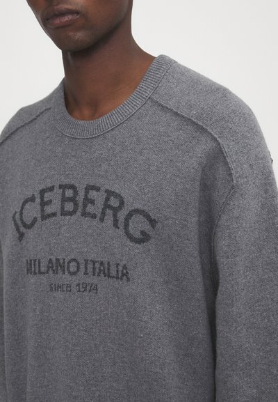Grå stickad tröja i mjukt material, med rundad halsringning och tryckt text: "ICEBERG MILANO ITALIA SINCE 1974" i kontrasterande svart.