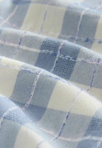 Material moale cu un model în carouri albastre și albe, care arată textura țesăturii și pliuri ușoare.