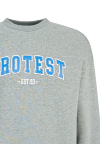Grijze sweatshirt gemaakt van zachte stof met blauwe letters "PROTEST" en "EST. 93" en een klassiek ronde hals ontwerp.