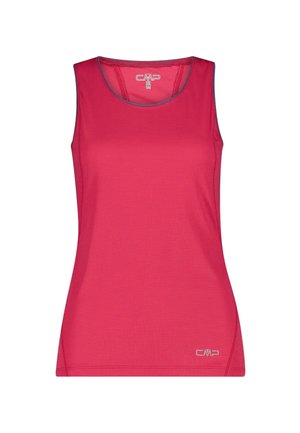 Top sportivo rosso senza maniche con bordatura grigia intorno allo scollo e logo CMP in basso a sinistra davanti.