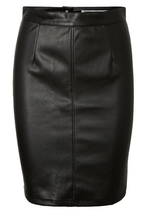 Sort nederdel i imiteret læder med syning foran og en talje med delvis lynlås.