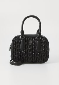 Black handbag made of quilted leather with a rounded shape, dual top handles, and a detachable strap. Features logo detail on the front.