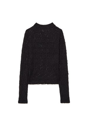 Top de encaje negro de manga larga con cuello alto y un patrón floral texturizado, con un ajuste ligeramente cortado. Tejido ligero y semitransparente.