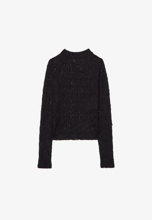 Top in pizzo nero a maniche lunghe con collo alto e motivo floreale testurizzato, dal taglio leggermente cropped. Tessuto leggero e semi-trasparente.