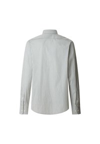 Camicia button-up, grigia chiara con sottili righe bianche. Presenta un colletto, maniche lunghe, orlo arrotondato e polsini con bottone. Realizzata in tessuto di cotone.