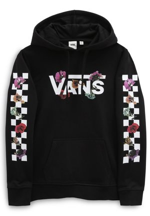 Czarna bluza Vans z białymi pasami w kratkę i kolorowymi kwiatowymi wzorami na rękawach oraz logo na piersi.