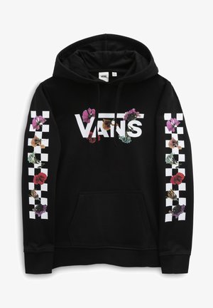 Sweat à capuche noir Vans avec des bandes damier blanches et des motifs floraux colorés sur les manches et le logo sur la poitrine.