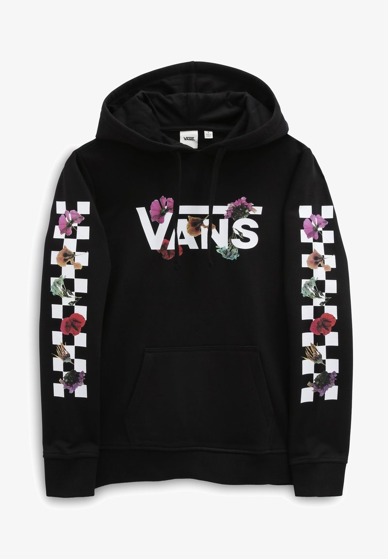Sweat à capuche noir Vans avec des bandes damier blanches et des motifs floraux colorés sur les manches et le logo sur la poitrine.
