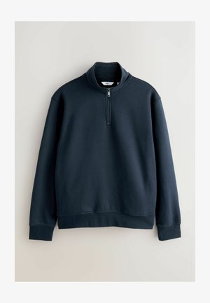 Donker marineblauw sweatshirt met een halve ritssluiting bij de kraag, lange mouwen, ribbelmanchetten en een gladde textuur, ontworpen voor comfort en warmte.