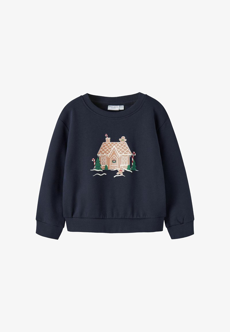 Sweatshirt bleu marine avec une maison en pain d'épice, des cannes en sucre, des sapins de Noël et deux personnages en pain d'épice sur le devant.