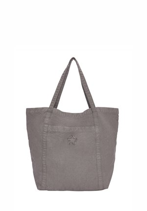 Gray tote bag made of fabric, featuring two straps, a front pocket with star embroidery, and a structured, rectangular shape.