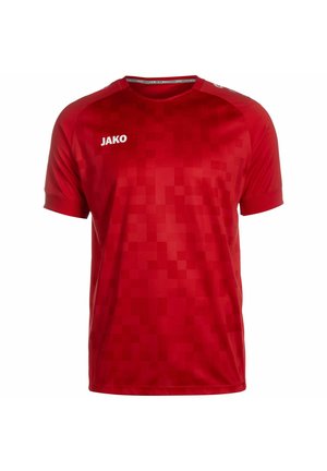 Rood sportshirt met korte mouwen met een pixelpatroon, geribbelde ronde hals en wit "JAKO" logo op de linkerkant van de borst. Gemaakt van synthetisch materiaal.
