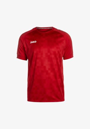 Maglietta atletica rossa a maniche corte con un motivo pixelato, colletto girocollo a coste e logo "JAKO" bianco sul lato sinistro del petto. Realizzata in materiale sintetico.