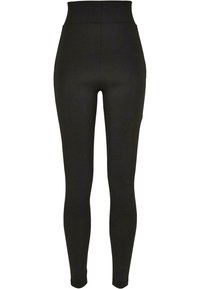 Zwarte high-waisted leggings, gladde textuur, aansluitend ontwerp, naadloze tailleband, geen zichtbare zakken of versieringen.