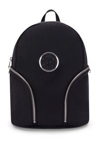 Black nylon backpack with a rounded top, silver zippers, and a circular logo patch on the front. Features two zipper pockets at the sides.