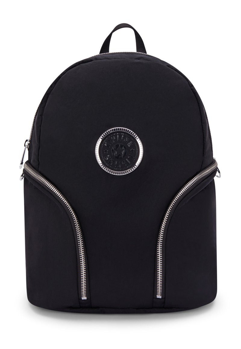 Black nylon backpack with a rounded top, silver zippers, and a circular logo patch on the front. Features two zipper pockets at the sides.
