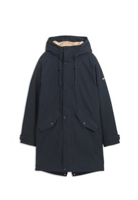 Mornarska parka jakna s kapuljačom obloženom teksturom, dugmadi na zatvaranju i velikim prednjim džepovima. Ima podesive šnure i trakice na manžetama.