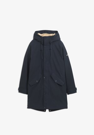 Granatowa parka z kapturem wyłożonym materiałem, z zapięciem na guziki i dużymi kieszeniami z przodu. Oferuje regulowane sznurki i paski na mankietach.