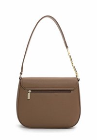 Brown leather shoulder bag with a curved shape, smooth texture, and a front zippered pocket. Features a long handle and gold-tone accents.